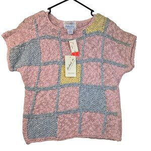 80s Lombardi Small Hand Knit Sweater Pink Pastel Grid Pattern Vintage Deadstock